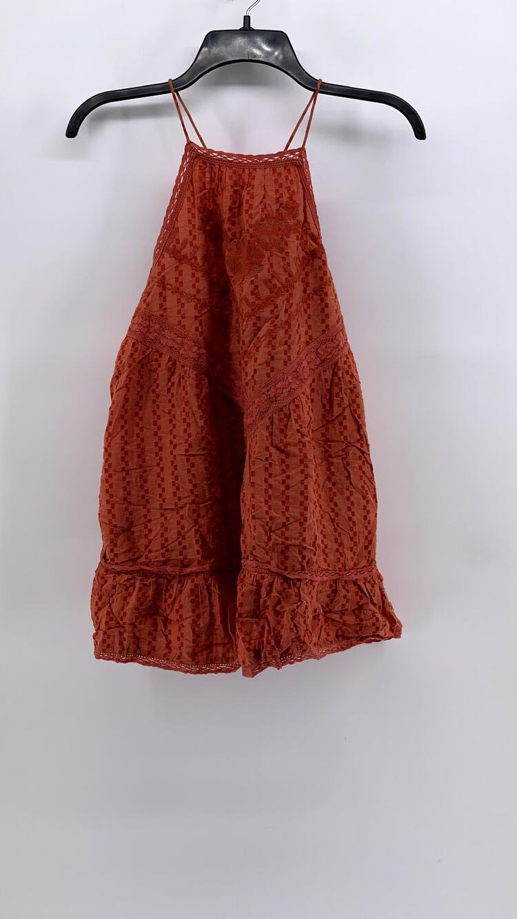 ATTIC SALT Women's Orange Square Print Embroidered Lace-Trim Sleeveless Top SZ S